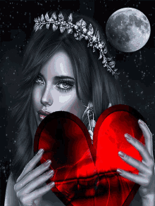 a woman is holding a red heart in her hands with a full moon in the background