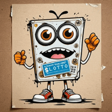 a cartoon drawing of a lottery ticket with big eyes