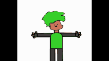 a cartoon character with green hair and black pants is standing with his arms outstretched and smiling .