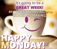 a picture of a cup of coffee with a smiley face on it and the words " it 's going to be a great week "