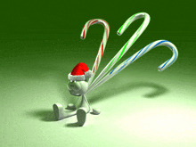 a cartoon character wearing a santa hat is holding candy canes