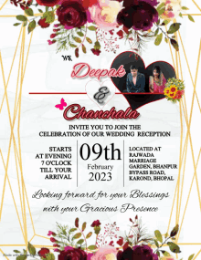 a wedding invitation for deepak and chanchala is displayed