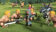 a group of clash of clans characters are standing in a grassy field .