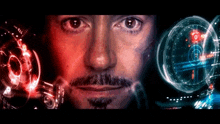 a close up of a man 's face with a futuristic screen behind him that says ' avengers ' on it