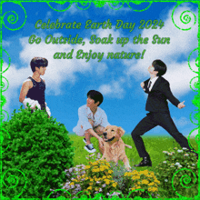 a greeting card for earth day 2024 with three people and a dog