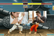 a video game shows two men drinking coffee and one of them is wearing a karate uniform