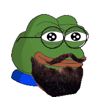 a green frog with glasses and a beard on his face