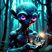 a purple eyed alien holds a bitcoin in his hand