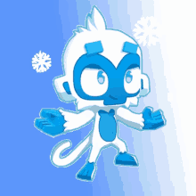 a blue and white cartoon monkey with snowflakes behind him