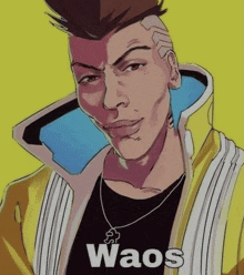 a drawing of a man with the word waos on his chest