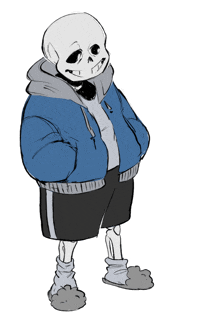 a drawing of a skeleton with a blue jacket and black shorts