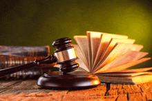 a judge 's gavel sits on a wooden table in front of a book