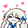 a girl with long hair and a blue bow is surrounded by pink hearts .