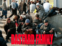 a group of people sitting on a sidewalk with the word bastard family in red letters