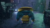a cartoon shark wearing a yellow jacket is standing in a warehouse