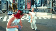 a woman with red hair is walking down a street in front of a sign that says ' aep ' on it