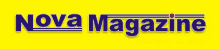 a blue and white nova magazine logo on a bright yellow background