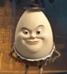 a cartoon egg with a hat on is smiling and standing on a table .