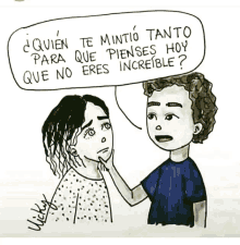 a drawing of a boy and a girl talking in spanish with the name wicky on the bottom