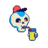 a pixel art illustration of a skull drinking from a glass through a straw