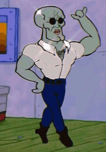 a cartoon character wearing sunglasses and a white shirt flexes his muscles