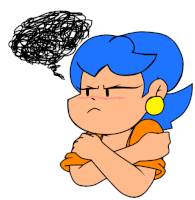 a cartoon drawing of a woman with blue hair and a speech bubble over her head