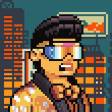 a pixel art drawing of a man wearing sunglasses and a hat