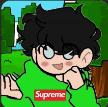 a drawing of a boy wearing a supreme hoodie