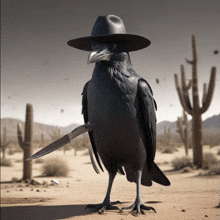 a crow wearing a cowboy hat holds a knife in its beak