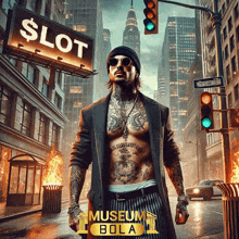 a tattooed man is standing in front of a $ lot sign