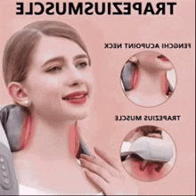 a woman is wearing a neck massager and smiling