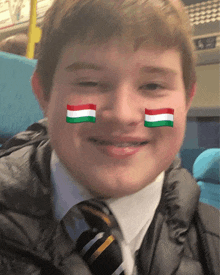 a boy with two flags on his face including one that says hungary