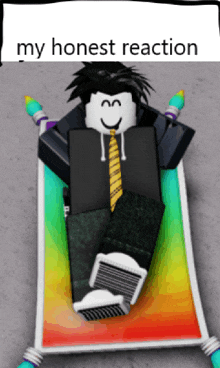 a picture of a roblox character laying on a colorful blanket with the words my honest reaction above him