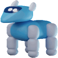 a blue and white robot dog with a mask on its head .