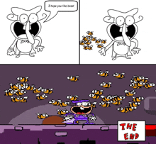 a cartoon character says " i hope you like beez " next to a bunch of bees