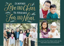 a christmas card with a family and the words sending love and cheer to friends far and near