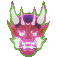 a drawing of a demon 's face with glowing teeth and horns