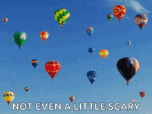 a bunch of hot air balloons flying in the sky with the words not even a little scary