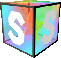 a cube with the letter s on it and a rainbow background