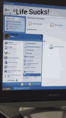 a computer screen that says life sucks on the top