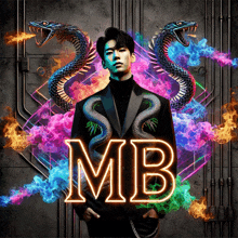 a man in a suit is surrounded by snakes and the letter mb is lit up