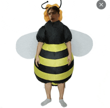 a man in an inflatable bee costume with an x on the bottom