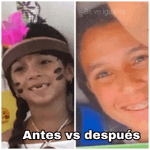 a before and after photo of a girl with the words antes vs después