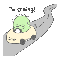 a cartoon of a dinosaur driving down a road with the words " i 'm coming " above it