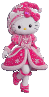 a hello kitty doll wearing a pink dress and a hat with the letter a.c. on it