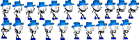 a bunch of stick figures wearing blue hats are lined up on a white background