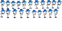 a bunch of stick figures wearing blue hats are lined up on a white background