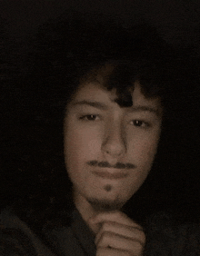 a young man with curly hair and a beard is looking at the camera in the dark