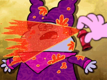 a cartoon character with flames coming out of his eyes and a purple hat