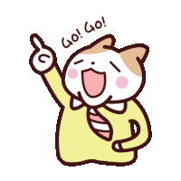 a cat in a yellow shirt and tie is pointing up and says go! go!